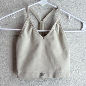 SET Active Sculptflex Power Ribbed V Sports Bra in Oat Milk Beige XS